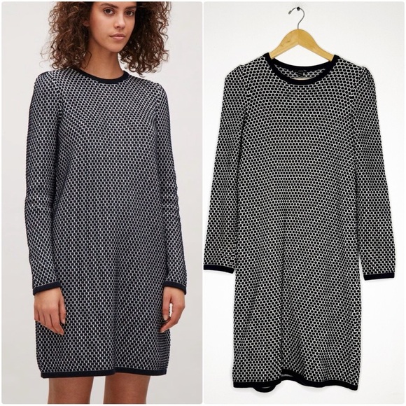 COS Black & White Geometric Knit Long Sleeve Dress Size XS 100% Cotton - Picture 1 of 7